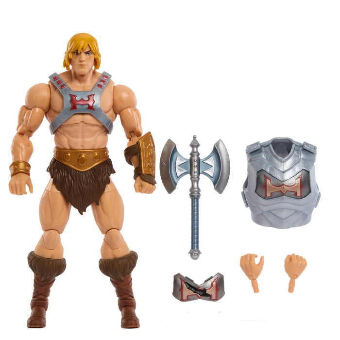 Masters of the Universe MOTU Revolution He-Man con armadura de batalla Figura de acción con accesorios, juguete +6 años (Mattel HYC49