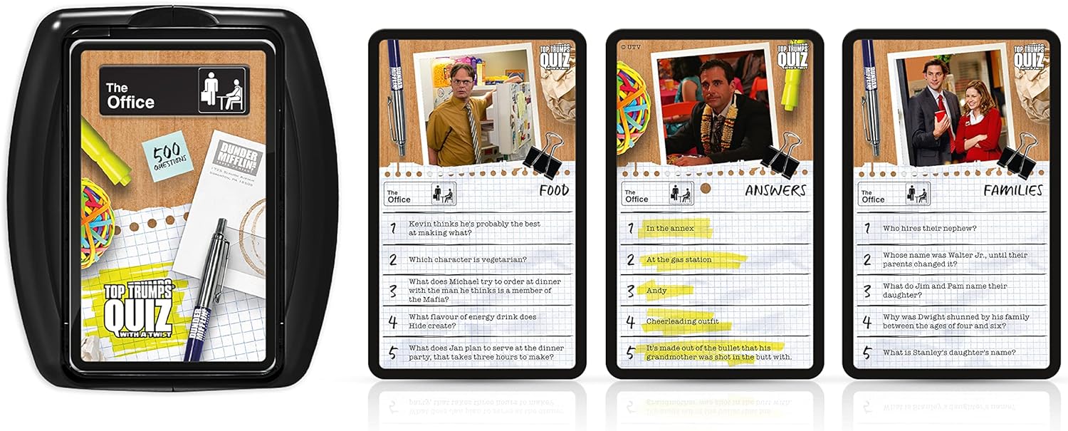 Top Trumps The Office US Quiz Game, 500 questions to test your knowledge and memory on Dwight, Angela, Kelly, Kevin, Stanley, Phyllis and Michael Scott himself, gift for players aged 12 plus
