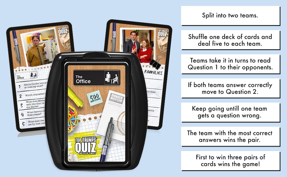 Top Trumps The Office US Quiz Game, 500 questions to test your knowledge and memory on Dwight, Angela, Kelly, Kevin, Stanley, Phyllis and Michael Scott himself, gift for players aged 12 plus