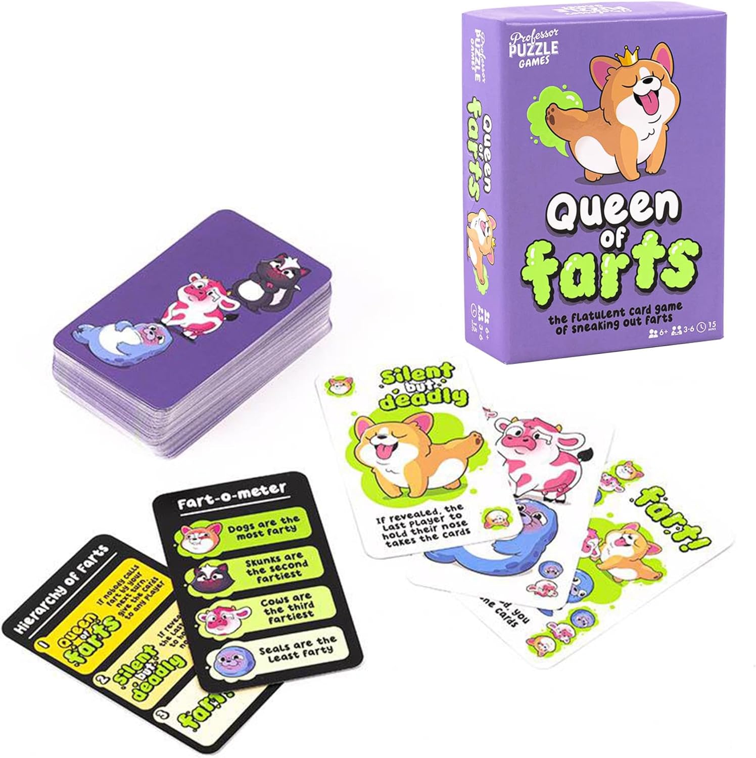 Professor Puzzle | Queen of Farts | Card Game | Ages 8+ | 3-6 Players | 15 Minutes Playing Time
