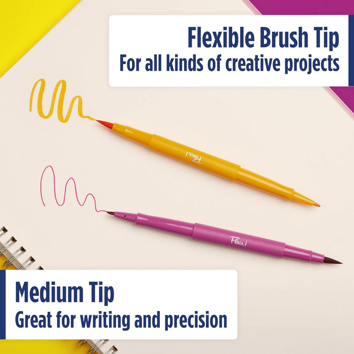 Paper Mate Flair DUAL Felt Tip Pens | Brush and Medium Tips (0.7mm) | Double Ended Colouring Pens | Assorted Colours | 8 Count