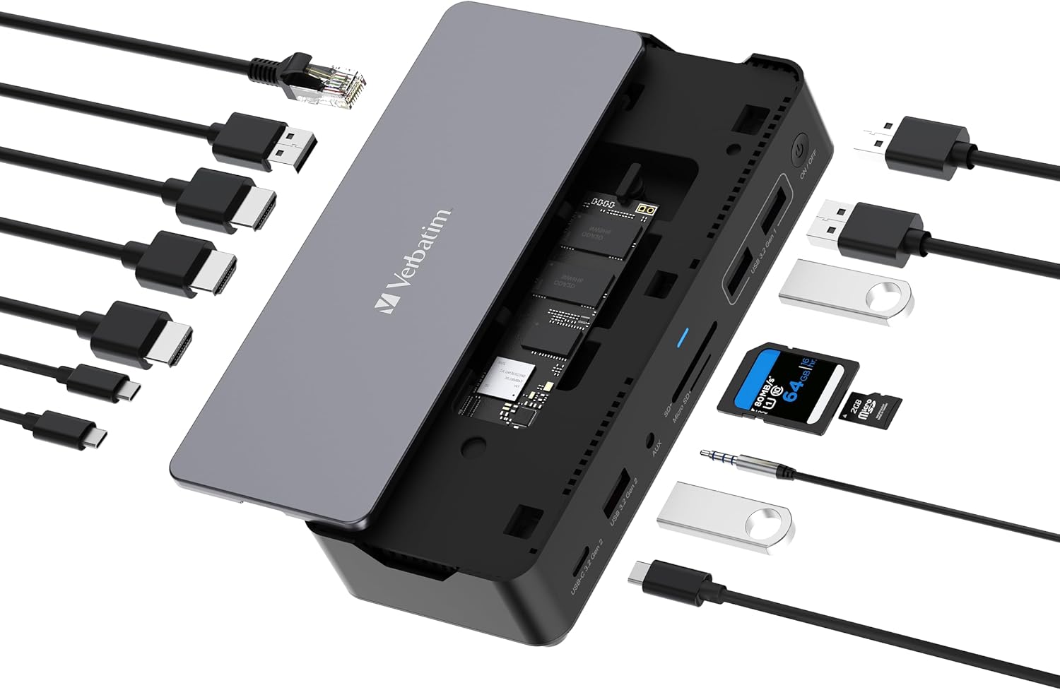Verbatim USB-C Pro Docking Station, 15-in-1 Hub with Integrated SSD, Multiport Adapter to HDMI 4K and 8K, USB-A and USB-C, PD 80W, AUX, Card Reader, for Mac/Windows Laptop and Co