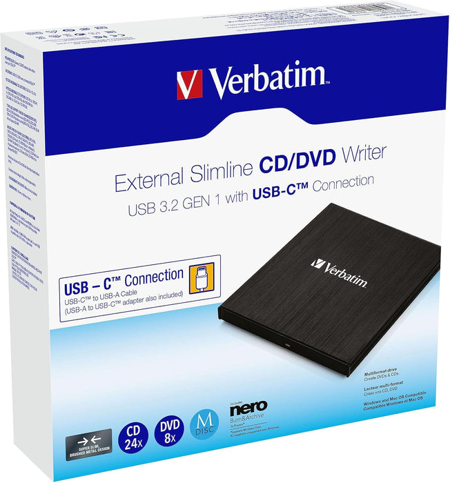 Verbatim Lettore CD/Dvd Esterno Slimline - USB 3.2 Gen1 con Porta USB-C con Cavo USB-C a USB-A e Design Compatto da Viaggio, in Metallo Spazzolato