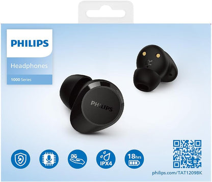 PHILIPS TAT1209BK True Wireless In Ear Bluetooth Headphones - Small Buds, Great Value, Natural Sound with Dynamic Bass, Clear Calls and Pocket-Sized Charging Case