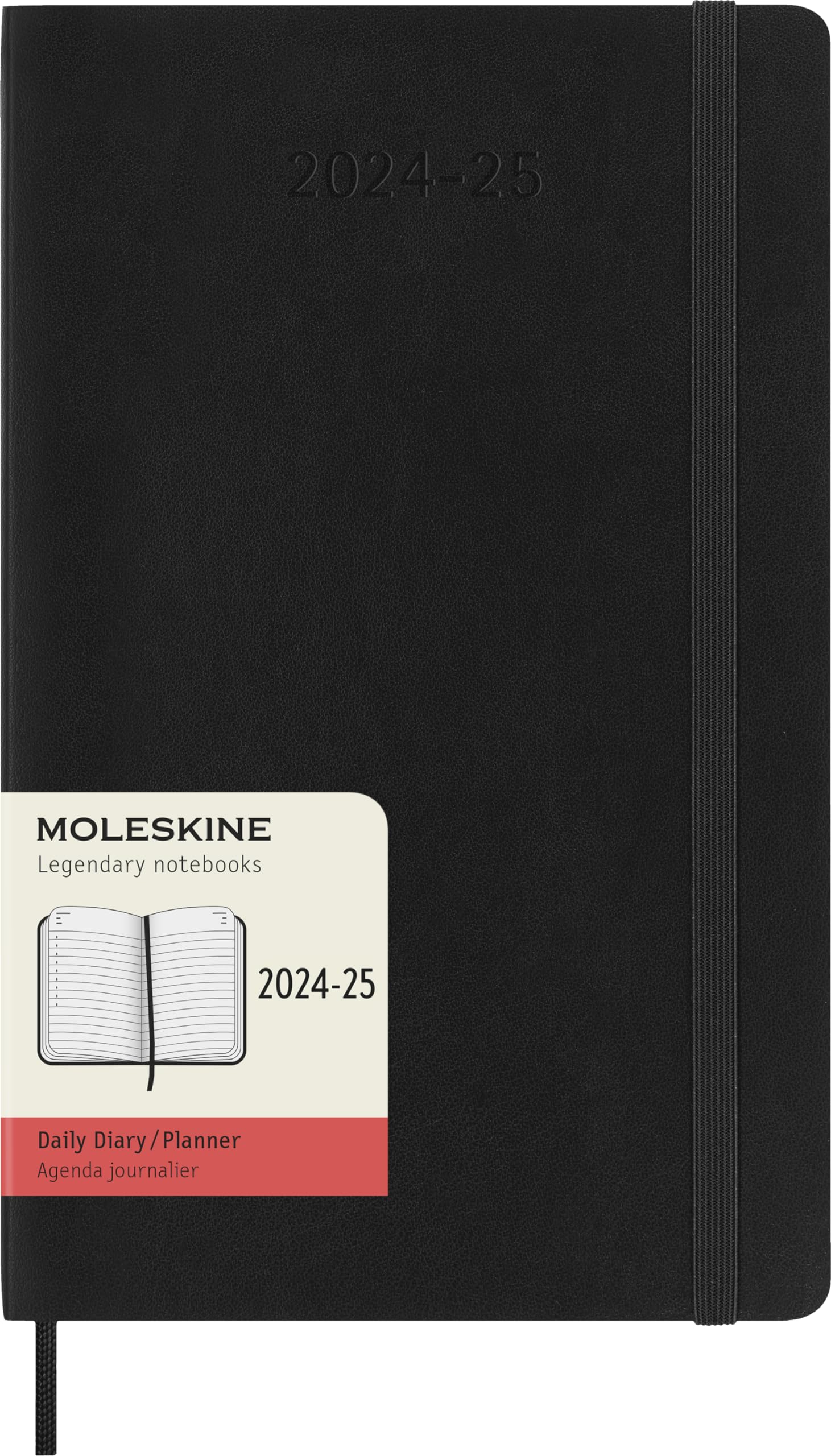 Moleskine Daily Planner 2024-2025, 18-Month Planner 2025, Daily Agenda with Soft Cover and Elastic Closure, Large Size 13 x 21 cm, Color Black