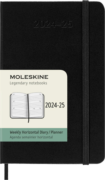 Moleskine Weekly Planner 2024-2025, Weekly Agenda 18 Months 2025, Horizontal Planner with Hard Cover and Elastic Closure, Pocket Size 9 x 14 cm, Color Black