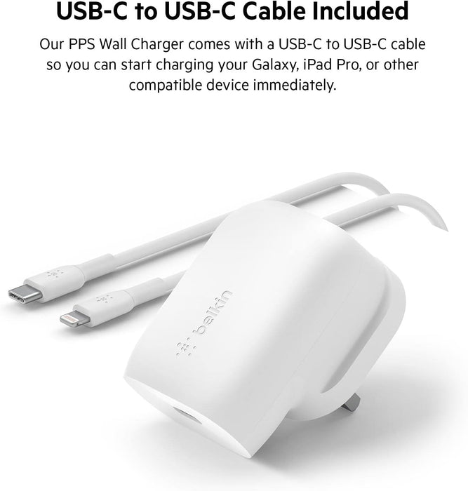 Belkin 30W USB C wall charger with PPS, Power Delivery, USB-IF certified PD 3.0, fast charger plug for iPhone 15, Samsung Galaxy S23, iPad, AirPods, MacBook, Pixel, more - USB-C to C Cable included