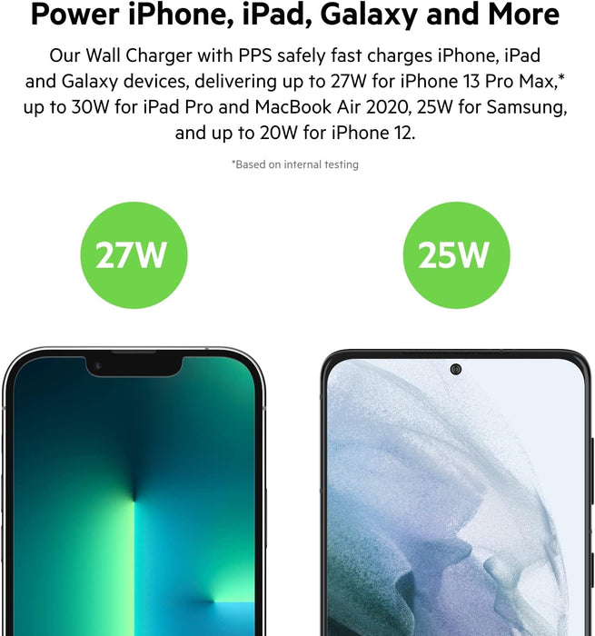 Belkin 30W USB C wall charger with PPS, Power Delivery, USB-IF certified PD 3.0, fast charger plug for iPhone 15, Samsung Galaxy S23, iPad, AirPods, MacBook, Pixel, more - USB-C to C Cable included