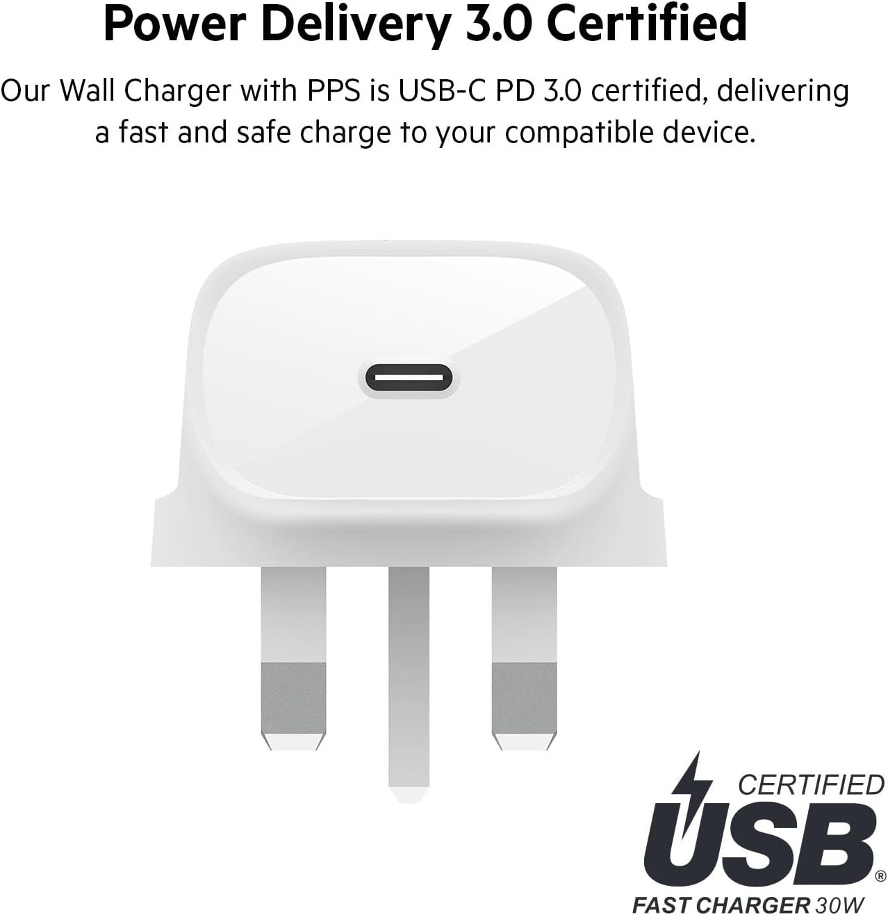 Belkin 30W USB C wall charger with PPS, Power Delivery, USB-IF certified PD 3.0, fast charger plug for iPhone 15, Samsung Galaxy S23, iPad, AirPods, MacBook, Pixel, more - USB-C to C Cable included