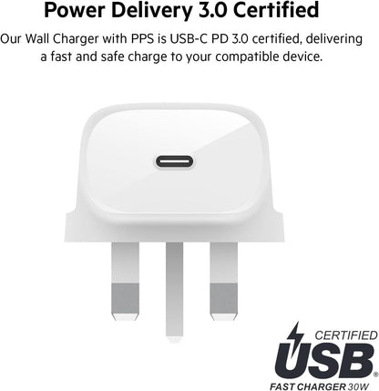 Belkin 30W USB C wall charger with PPS, Power Delivery, USB-IF certified PD 3.0, fast charger plug for iPhone 15, Samsung Galaxy S23, iPad, AirPods, MacBook, Pixel, more - USB-C to C Cable included
