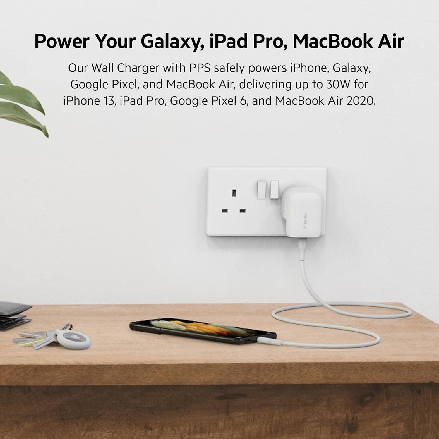 Belkin 30W USB C wall charger with PPS, Power Delivery, USB-IF certified PD 3.0, fast charger plug for iPhone 15, Samsung Galaxy S23, iPad, AirPods, MacBook, Pixel, more - USB-C to C Cable included