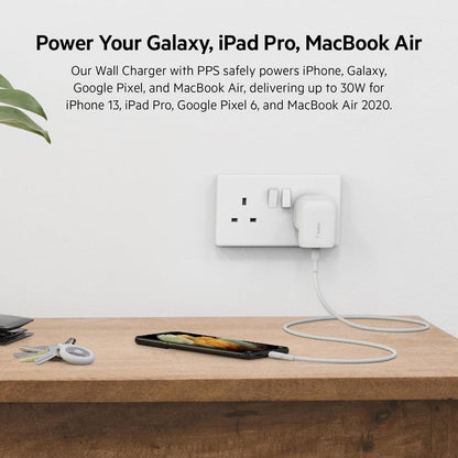 Belkin 30W USB C wall charger with PPS, Power Delivery, USB-IF certified PD 3.0, fast charger plug for iPhone 15, Samsung Galaxy S23, iPad, AirPods, MacBook, Pixel, more - USB-C to C Cable included