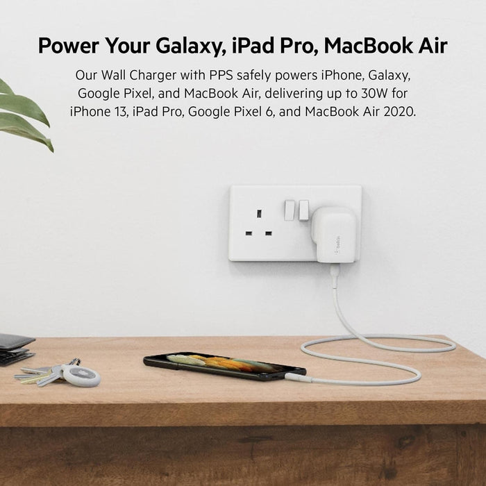 Belkin 30W USB C wall charger with PPS, Power Delivery, USB-IF certified PD 3.0, fast charger plug for iPhone 15, Samsung Galaxy S23, iPad, AirPods, MacBook, Pixel, more - USB-C to C Cable included