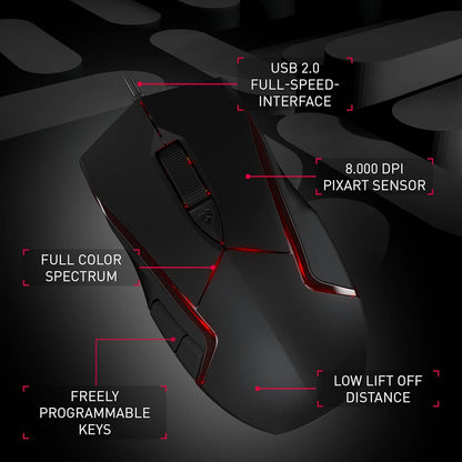 CHERRY MC 3.1, wired gaming mouse, high-precision optical 5,000 dpi Pixart sensor, 6 freely programmable buttons, RGB-illuminated, symmetrical design, black
