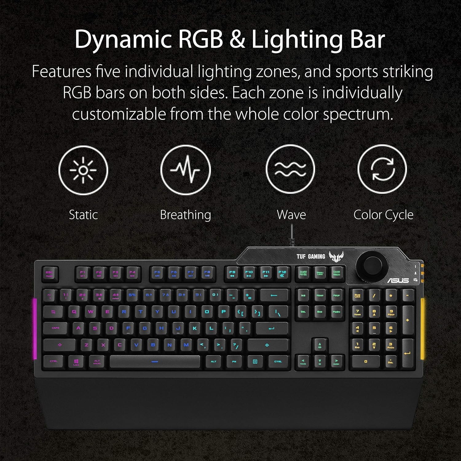 ASUS TUF Gaming K1 RGB keyboard with dedicated volume knob, spill-resistance, side light bar and Armoury Crate