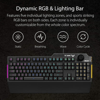 ASUS TUF Gaming K1 RGB keyboard with dedicated volume knob, spill-resistance, side light bar and Armoury Crate