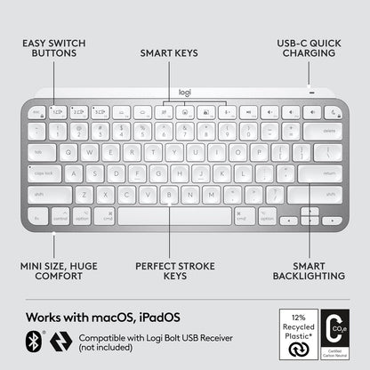 Logitech MX Keys Mini for Mac Minimalist Wireless Keyboard, Compact, Bluetooth, Backlit Keys, USB-C, Tactile Typing, Compatible with MacBook Pro,Macbook Air,iMac,iPad, ‎Silver, 1 Count