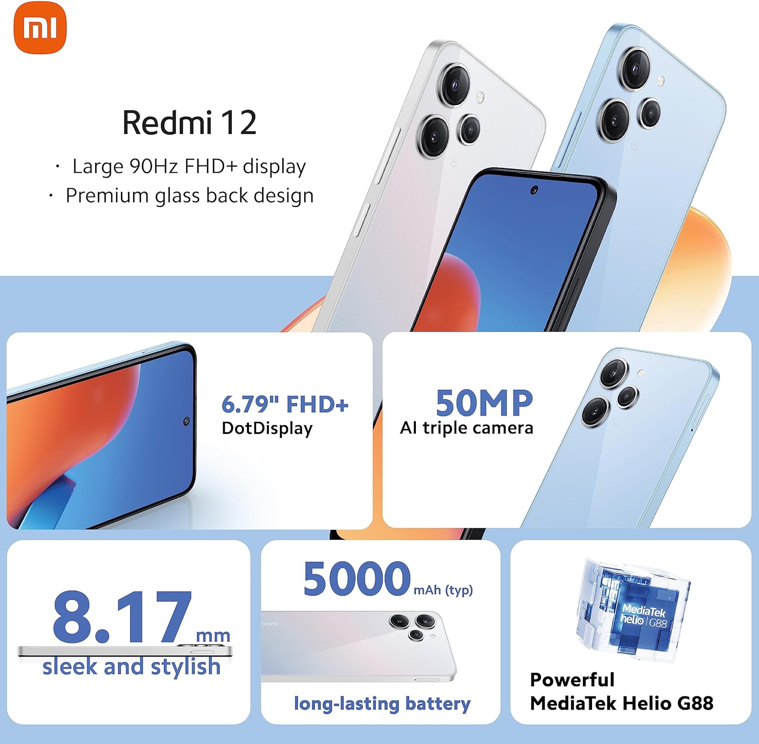 Xiaomi Redmi 12 - G88 Processor, 90Hz FHD+, 5000mAh 18W, 50mp main Camera, 4+128GB, Midnight Black