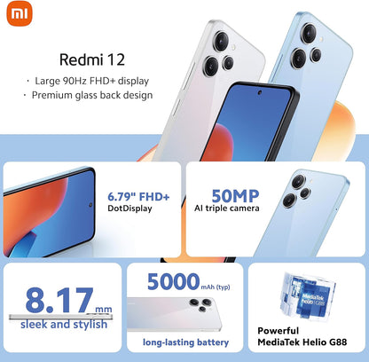 Xiaomi Redmi 12 - G88 Processor, 90Hz FHD+, 5000mAh 18W, 50mp main Camera, 4+128GB, Midnight Black