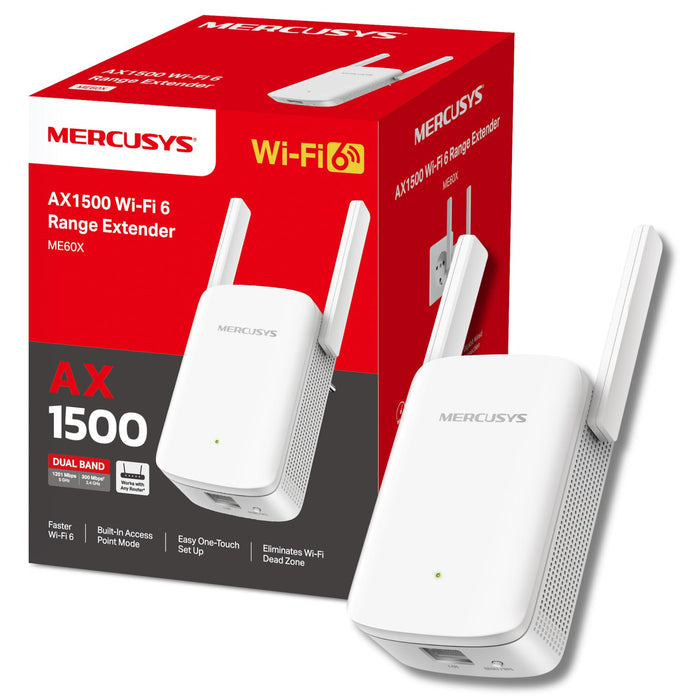 Mercusys AX1500 1500 Mbps Dual Band WiFi 6 Range Extender, Works with Any Router, Built-In Access Point Mode, MERCUSYS App Control, Easy One-Touch Setup (ME60X)