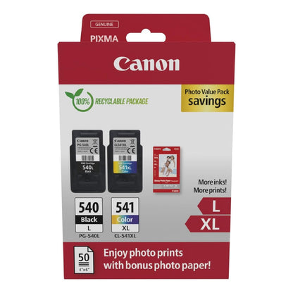 Canon Multipack Cartuccia & Carta - 2 Cartucce per Stampante Originali ad Alta Capacità PG-540L/CL-541XL (1 x Nero, 1 x Colori) & 4x6 Carta Fotografica (50 x Fogli