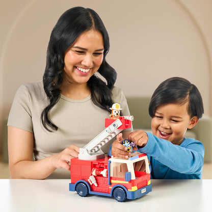 Bluey Firetruck, Firetruck with Bluey, Exclusive Firefighter Bingo and Bob Bilby Figures Raise The Ladder, Spin It Around and Roll Out The Hose Includes Sticker Sheet
