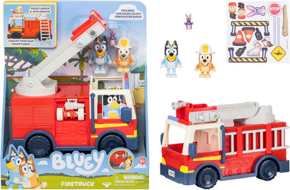 Bluey Firetruck, Firetruck with Bluey, Exclusive Firefighter Bingo and Bob Bilby Figures Raise The Ladder, Spin It Around and Roll Out The Hose Includes Sticker Sheet