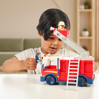 Bluey Firetruck, Firetruck with Bluey, Exclusive Firefighter Bingo and Bob Bilby Figures Raise The Ladder, Spin It Around and Roll Out The Hose Includes Sticker Sheet