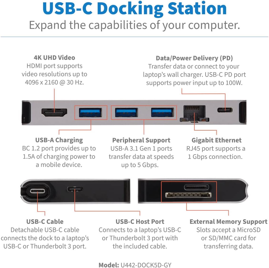 USB-C DOCKING STATION HDMI 4K USB-A/C PD CHARG 3.0USB-C CBLGRY