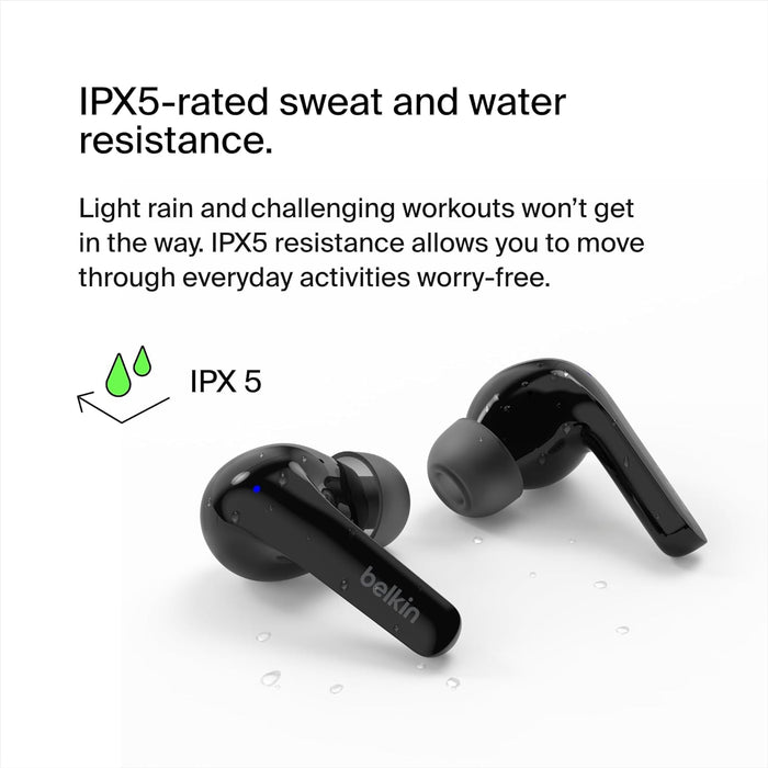 Belkin SoundForm™ Motion True Wireless Earbuds, Noise Cancelling Ear Buds with Wireless Charging Case & Dual Microphone - IPX5 Water Resistant Bluetooth Headphones for iPhone & Samsung