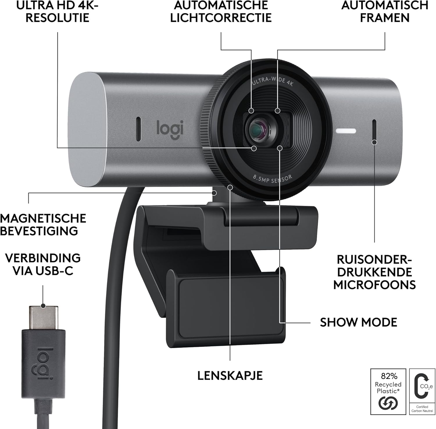 Logitech MX Brio Ultra HD 4K Collaboration and Streaming Webcam, 1080p at 60 FPS, Dual Noise Reducing Mics, Show Mode, USB-C, Webcam Cover, Works with Microsoft Teams, Zoom, Google Meet