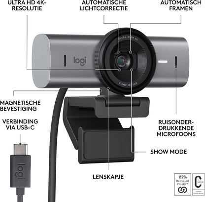 Logitech MX Brio Ultra HD 4K Collaboration and Streaming Webcam, 1080p at 60 FPS, Dual Noise Reducing Mics, Show Mode, USB-C, Webcam Cover, Works with Microsoft Teams, Zoom, Google Meet