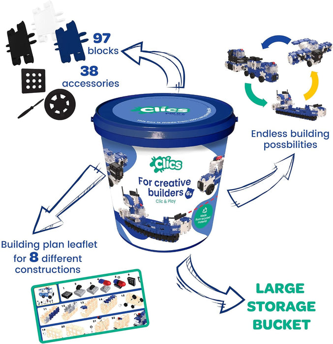 Clics Police Editon- Konstruktionsspielzeug für Kinder ab 3 Jahre, kreatives Lernspielzeug im 135 Teile Set, Bausteine für Mädchen und Jungen, Montessori STEM-Spielzeug, Langlebige Spielzeug