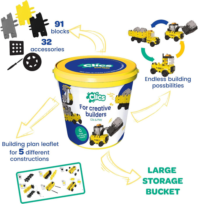 Clics Builders Edition- Construction Toys for Kids Ages 3+ Creative Educational 123 Piece Set Building Blocks for Girls and Boys Montessori STEM Toys Durable Toys