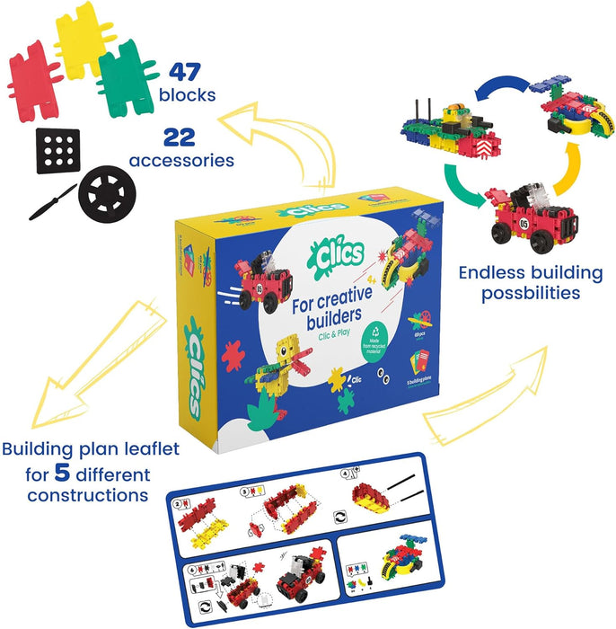 Clics construction toys for children from 3 years, creative educational toys in a 69 piece set, building blocks for girls and boys, Montessori STEM toys, durable toys made from recycled material