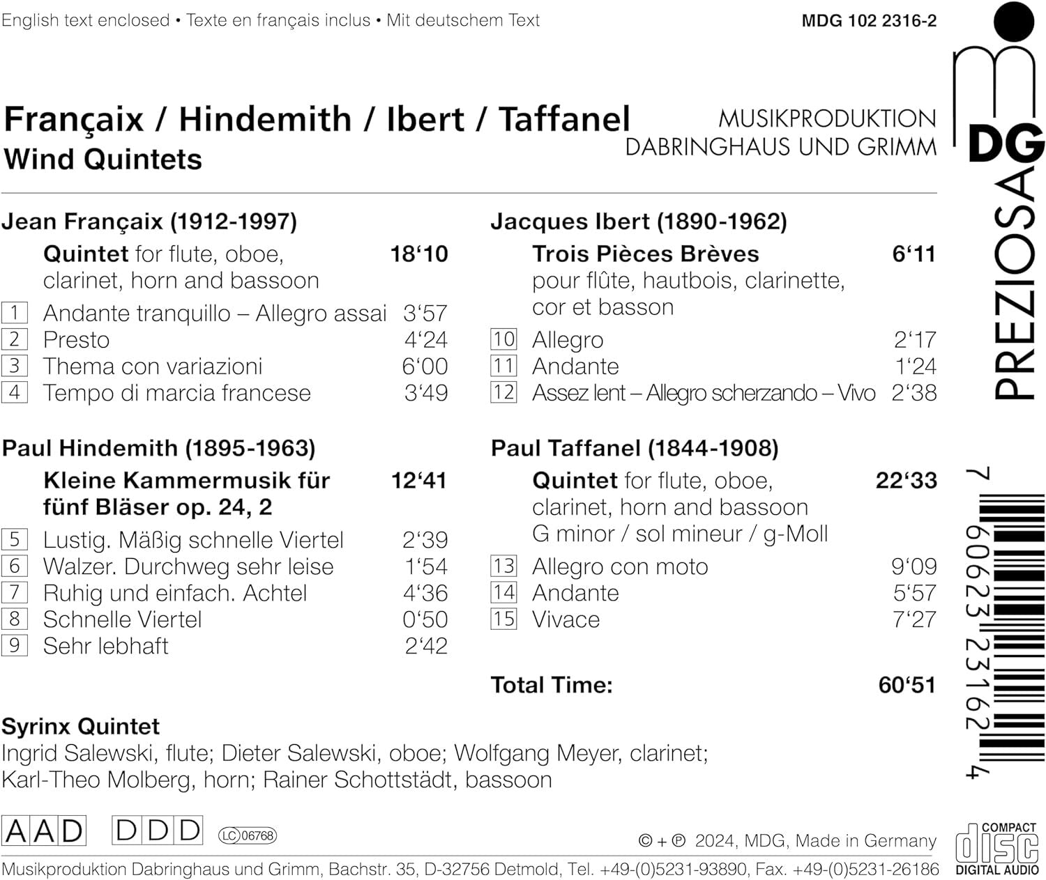 Françaix/Hindemith/Ibert/Taffanel: Wind Quintets
