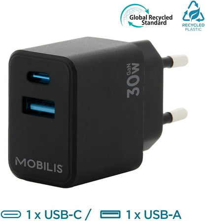 Mobilis Caricatore di rete MOBILIS Porta GaN da 30 W Adattatore USB-C per ricarica rapida per smartphone e tablet