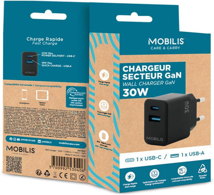Mobilis Caricatore di rete MOBILIS Porta GaN da 30 W Adattatore USB-C per ricarica rapida per smartphone e tablet