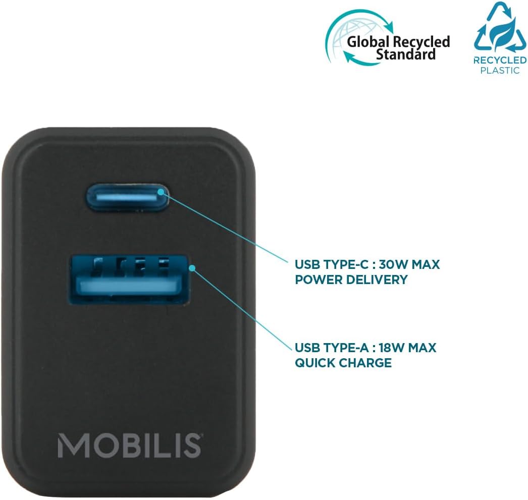 Mobilis Caricatore di rete MOBILIS Porta GaN da 30 W Adattatore USB-C per ricarica rapida per smartphone e tablet