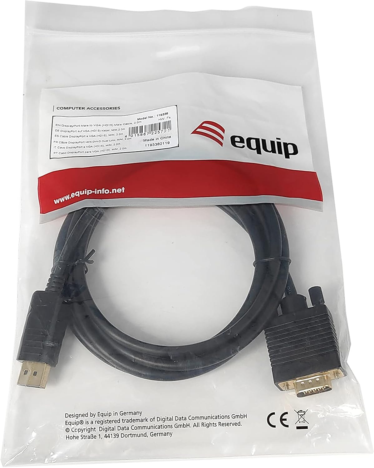 Equip Displayport 119338 DisplayPort Male to VGA (HD15) Male Cable/2.0m/Black