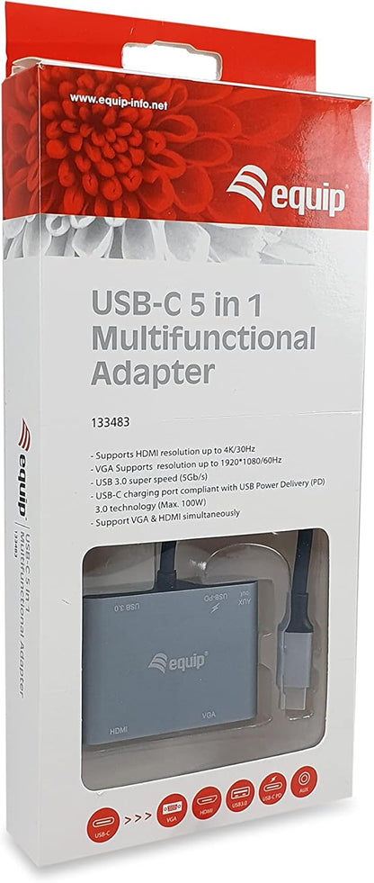 Equip 133483 USB-C Multifunction Adapter 5-in-1 USB-C to HDMI/VGA/USB 3.0/AUX/USB-C PD Multiport Adapter