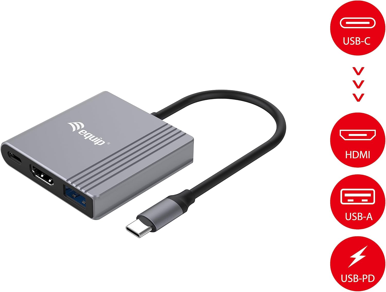 Equip 133488 3-in-1 USB-C to HDMI/USB-A/USB PD Adapter, 4K/60Hz, PD 100W