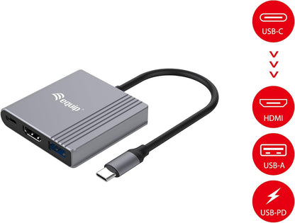 Equip 133488 3-in-1 USB-C to HDMI/USB-A/USB PD Adapter, 4K/60Hz, PD 100W