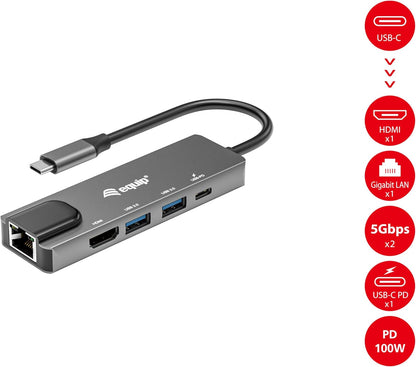 Equip 133489 USB-C 5-in-1 Multifunction Adapter HDMI Gigabit LAN USB 3.2 GEN1 100W USB PD