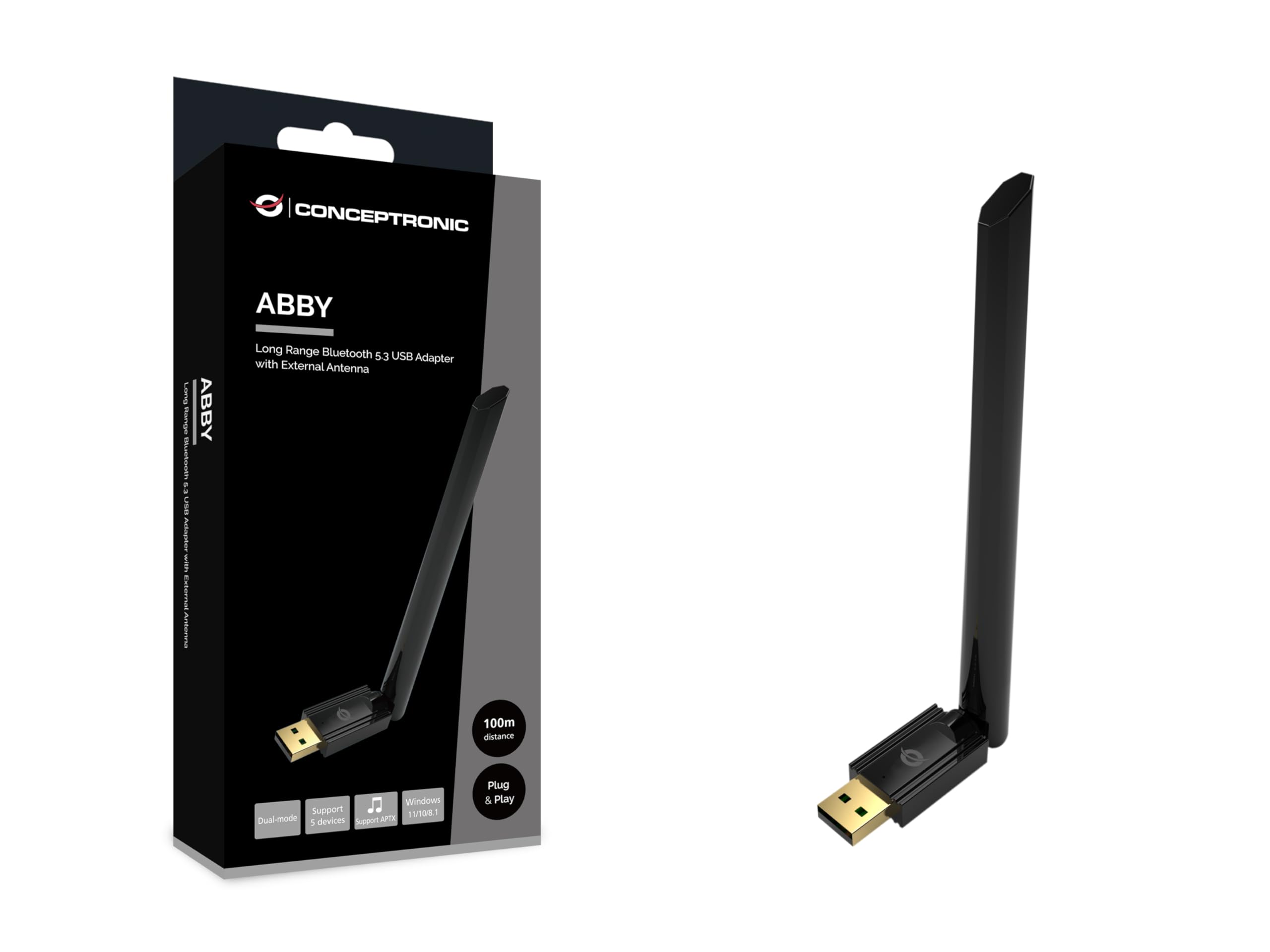 CONCEPTRONIC ABBY17B Long Range Bluetooth 5.3 USB-Adapter, Externe Antenne