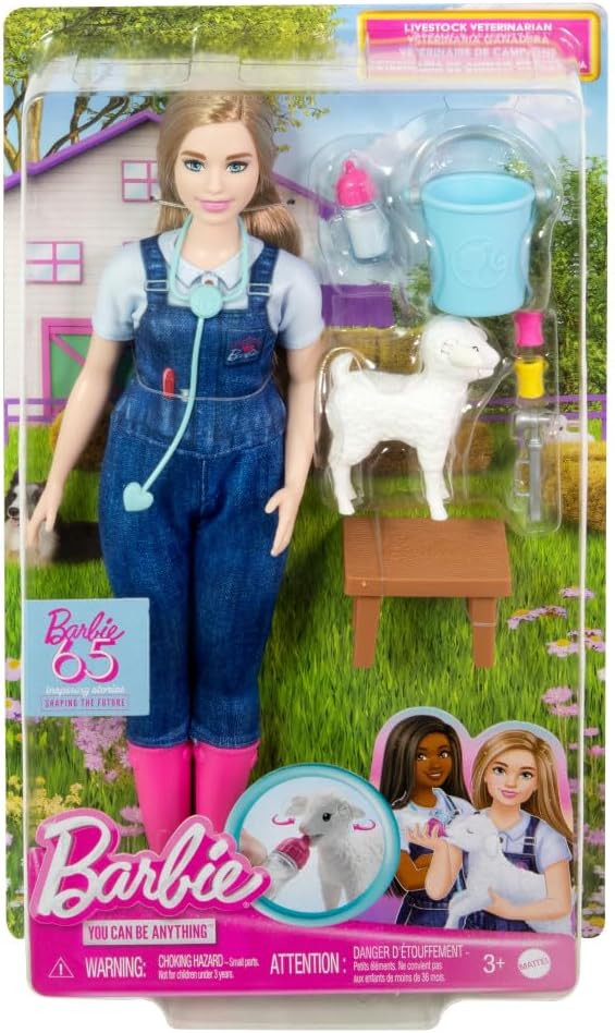 Barbie Tú Puedes ser Muñeca Rubia Profesiones Veterinaria de Granja con Oveja y Accesorios, 65 Aniversario, Juguete +3 años (Mattel HRG42