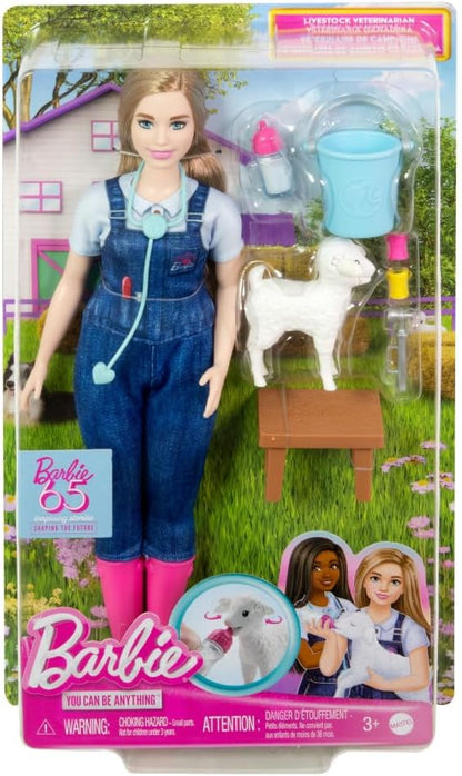 Barbie Tú Puedes ser Muñeca Rubia Profesiones Veterinaria de Granja con Oveja y Accesorios, 65 Aniversario, Juguete +3 años (Mattel HRG42