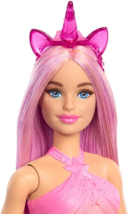 Barbie Unicorn Doll with Pink Fantasy Hair, Colorful Pink and Orange Outfit, and Unicorn-Themed Fantasy Accessories, HRR13