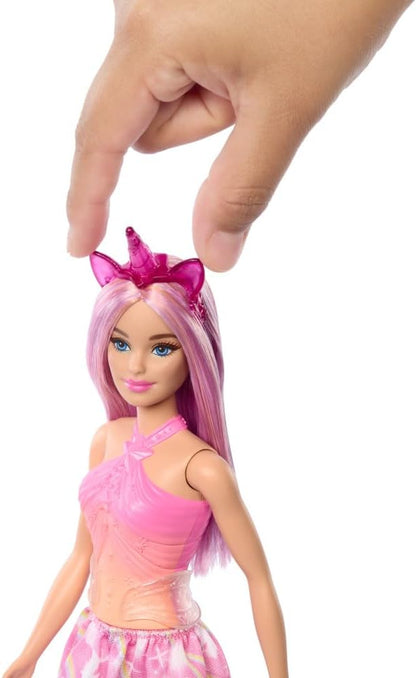 Barbie Unicorn Doll with Pink Fantasy Hair, Colorful Pink and Orange Outfit, and Unicorn-Themed Fantasy Accessories, HRR13