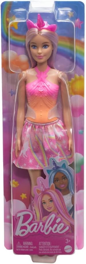 Barbie Unicorn Doll with Pink Fantasy Hair, Colorful Pink and Orange Outfit, and Unicorn-Themed Fantasy Accessories, HRR13